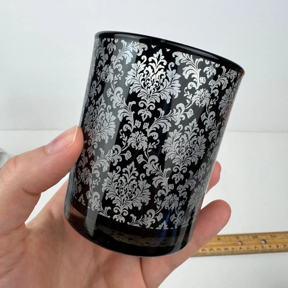 2 Damask Pattern 1 Black Gold Trim Table Tealight Candle Holders Glass Gothic